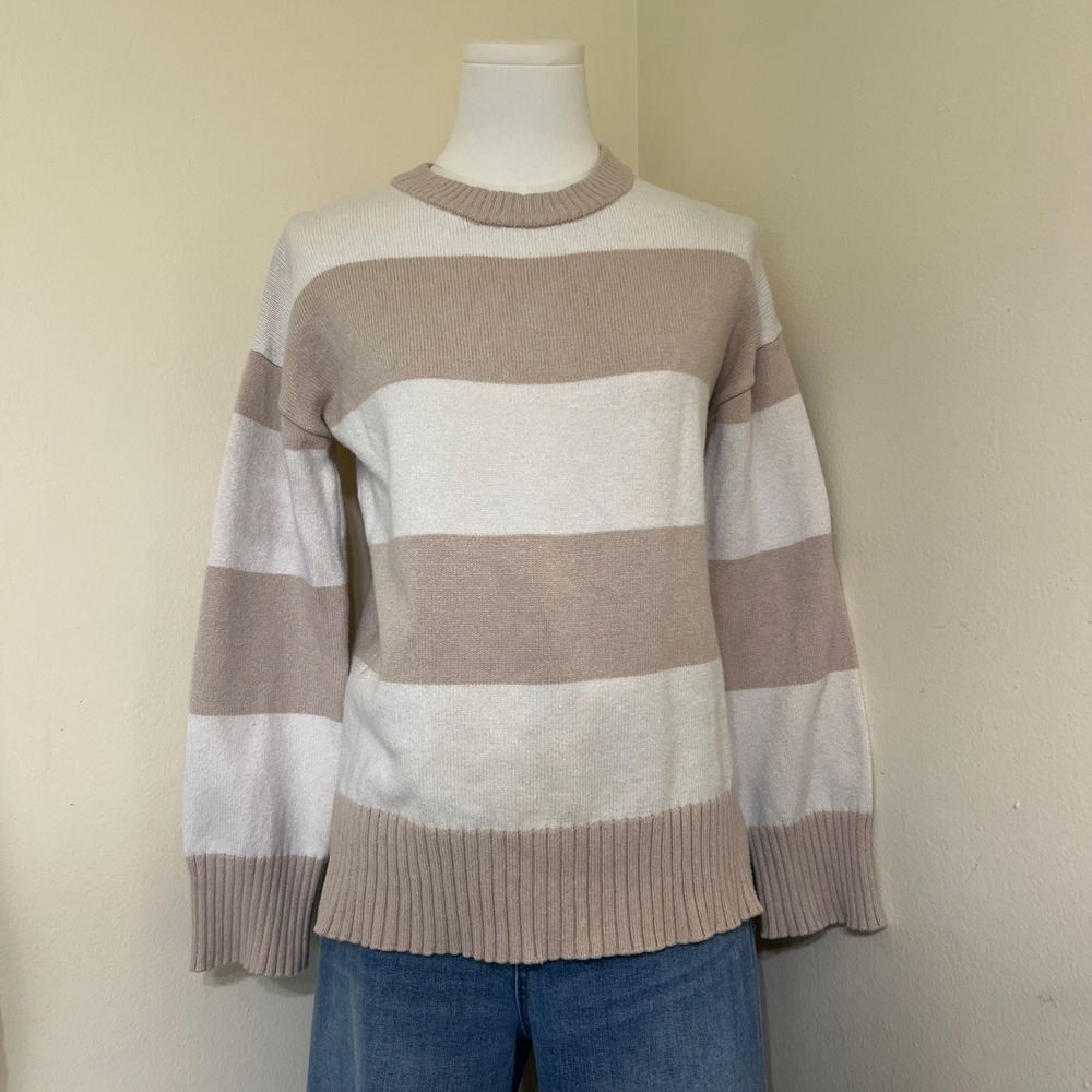 Happily Grey Women Tan White Striped Crew Neck Knit Sweater XS Dropped Shoulder